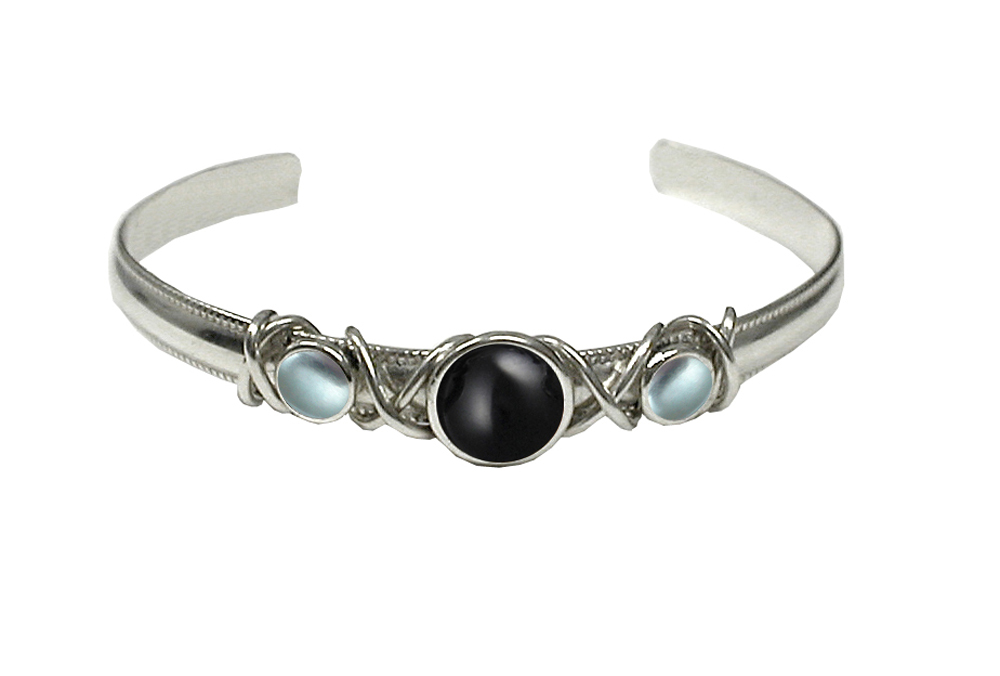 Sterling Silver Hand Made Cuff Bracelet With Black Onyx And Blue Topaz